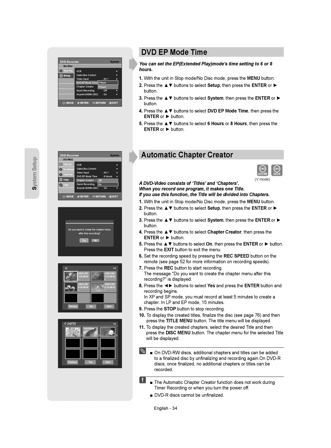 Samsung DVD-VR357 instruction manual DVD EP Mode Time, Automatic Chapter Creator 