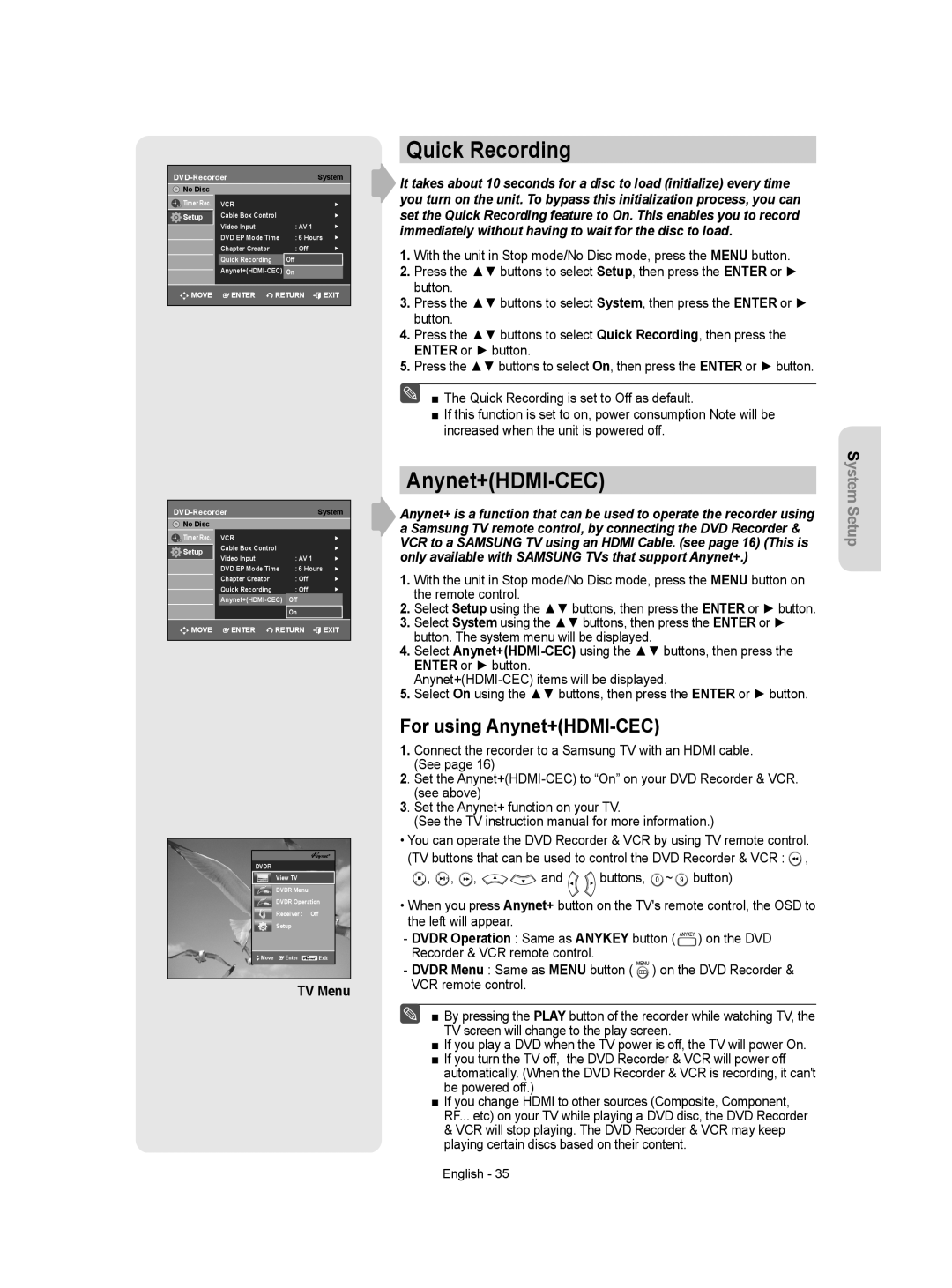 Samsung DVD-VR357 instruction manual Quick Recording, For using Anynet+HDMI-CEC, TV Menu 