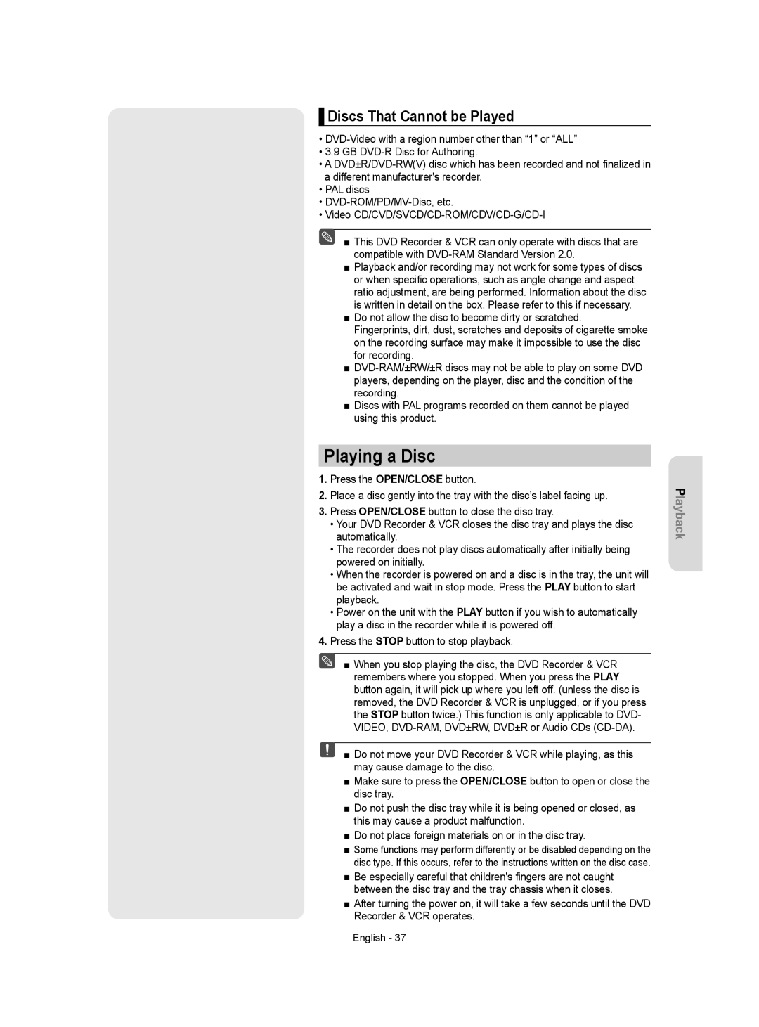 Samsung DVD-VR357 instruction manual Playing a Disc, Discs That Cannot be Played 