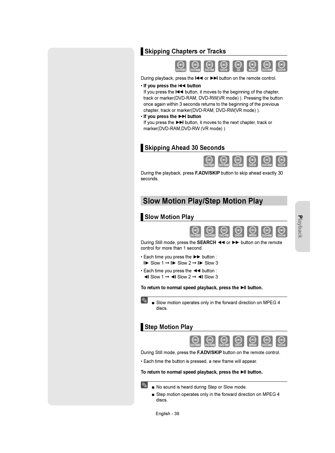Samsung DVD-VR357 Slow Motion Play/Step Motion Play, Skipping Chapters or Tracks, Skipping Ahead 30 Seconds 