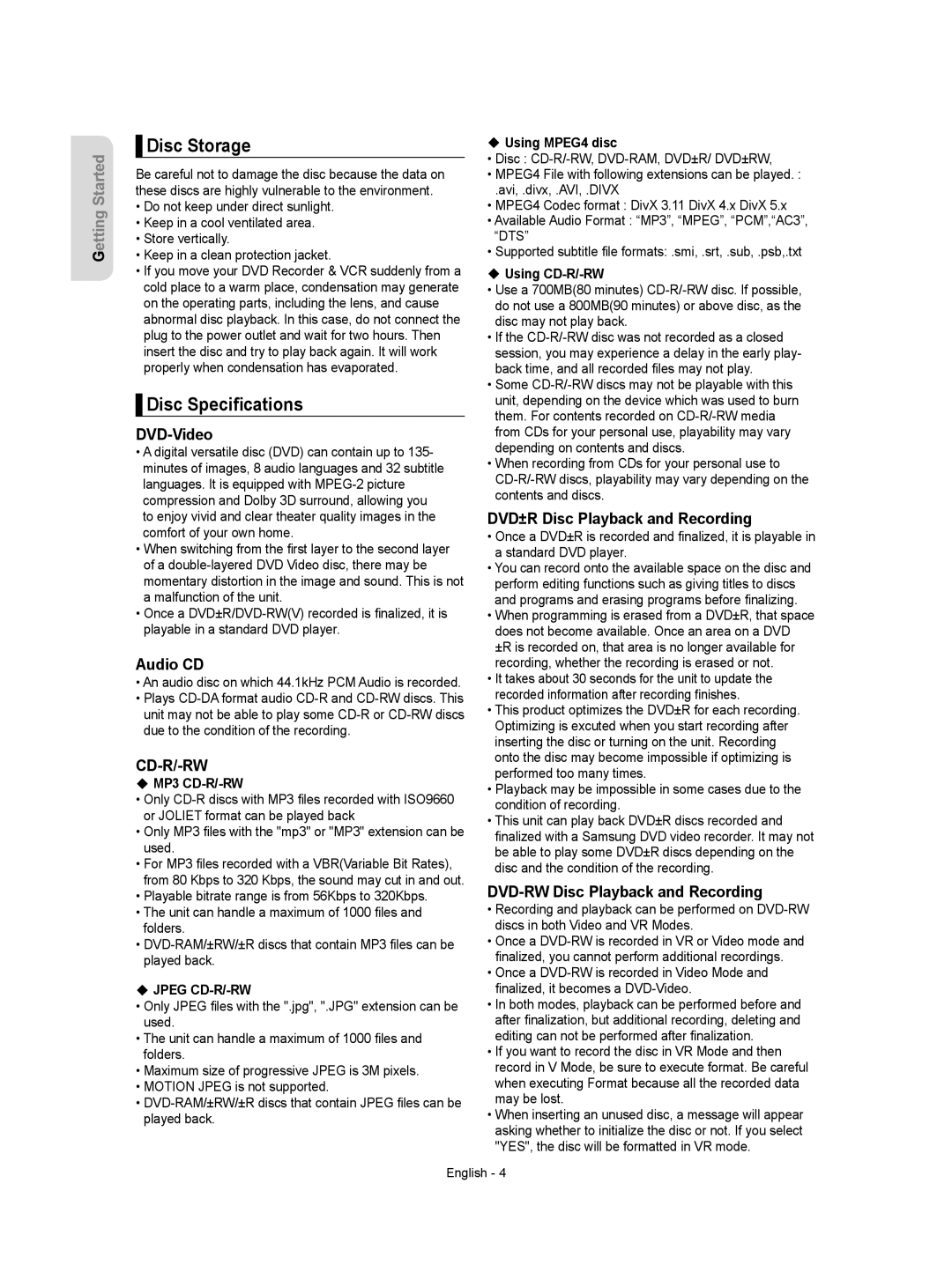 Samsung DVD-VR357 instruction manual Disc Storage, Disc Speciﬁcations 