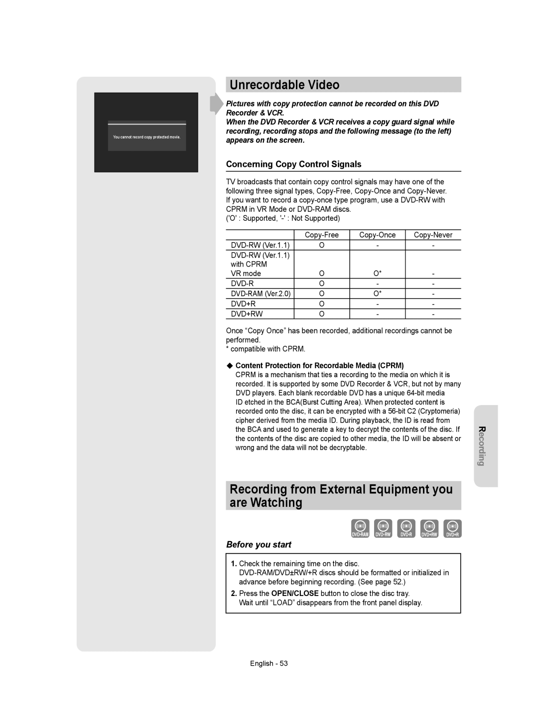 Samsung DVD-VR357 Unrecordable Video, Recording from External Equipment you are Watching, Concerning Copy Control Signals 