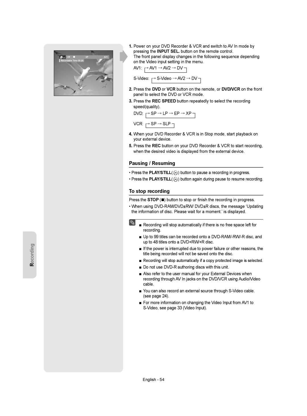 Samsung DVD-VR357 instruction manual Pausing / Resuming, To stop recording, Vcr → Sp → Slp 