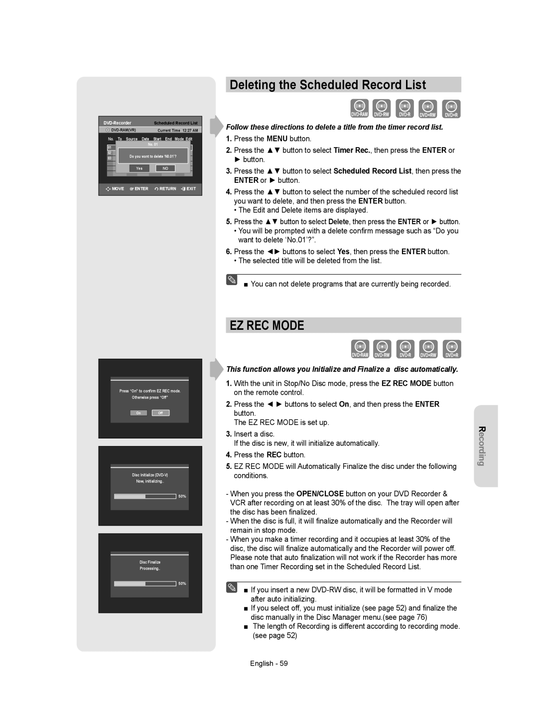 Samsung DVD-VR357 instruction manual Deleting the Scheduled Record List, EZ REC Mode 