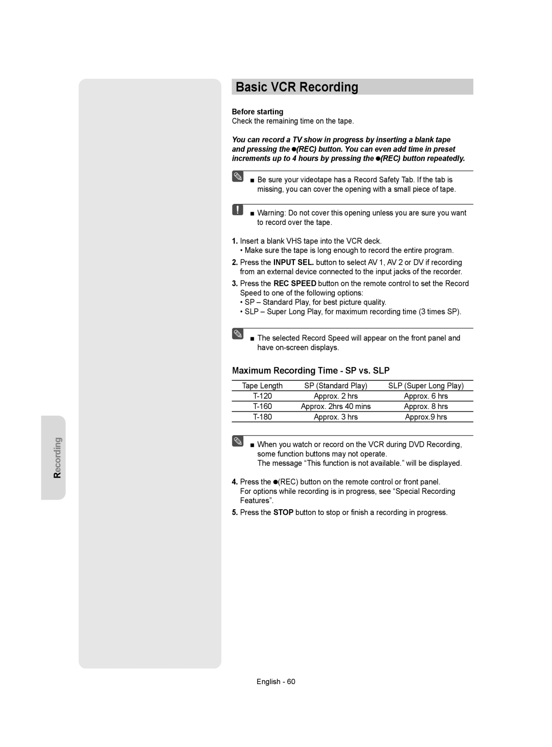 Samsung DVD-VR357 instruction manual Basic VCR Recording, Maximum Recording Time SP vs. SLP, Before starting 