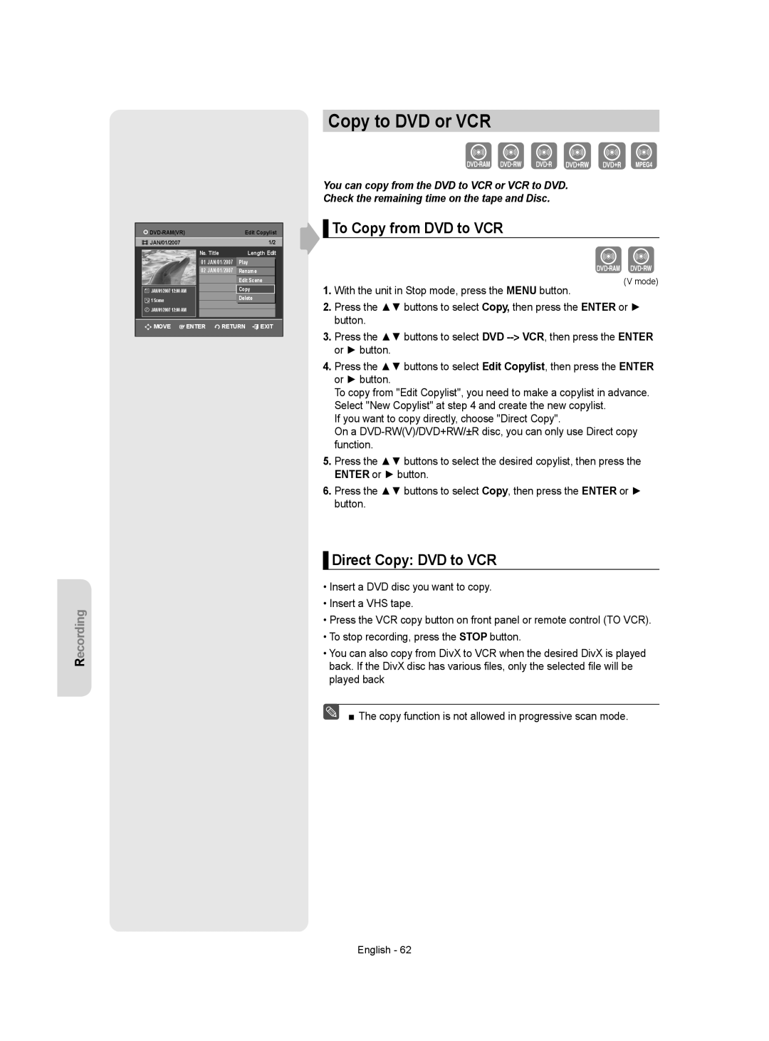 Samsung DVD-VR357 instruction manual Copy to DVD or VCR, To Copy from DVD to VCR, Direct Copy DVD to VCR 