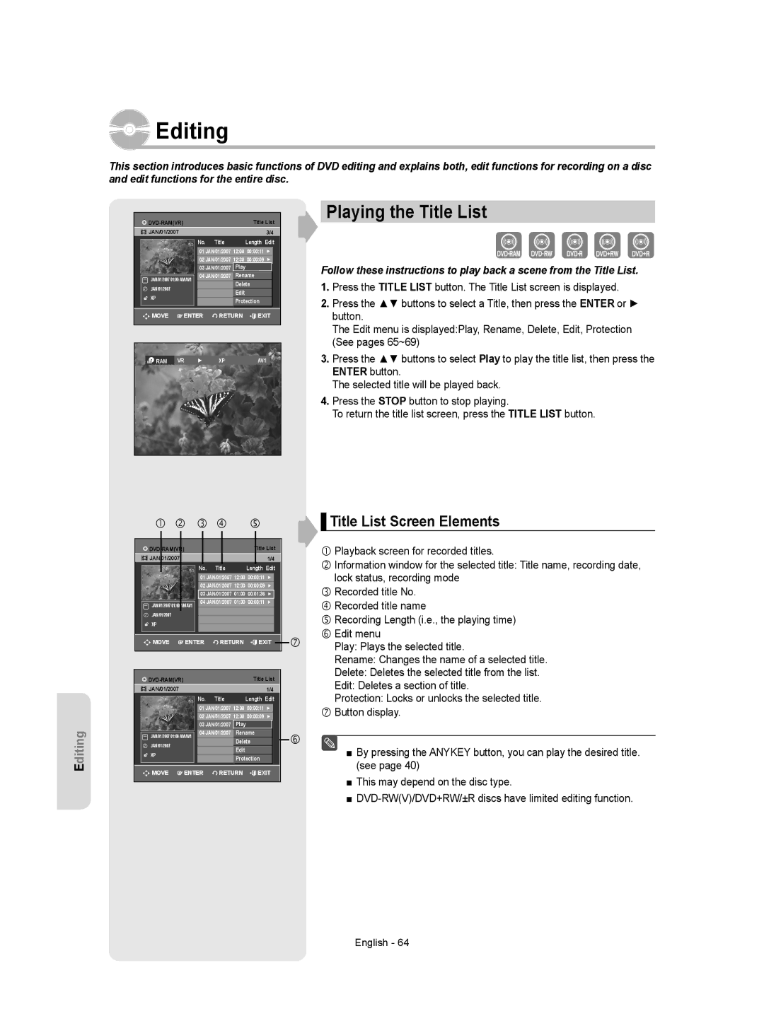 Samsung DVD-VR357 instruction manual Playing the Title List, Title List Screen Elements 