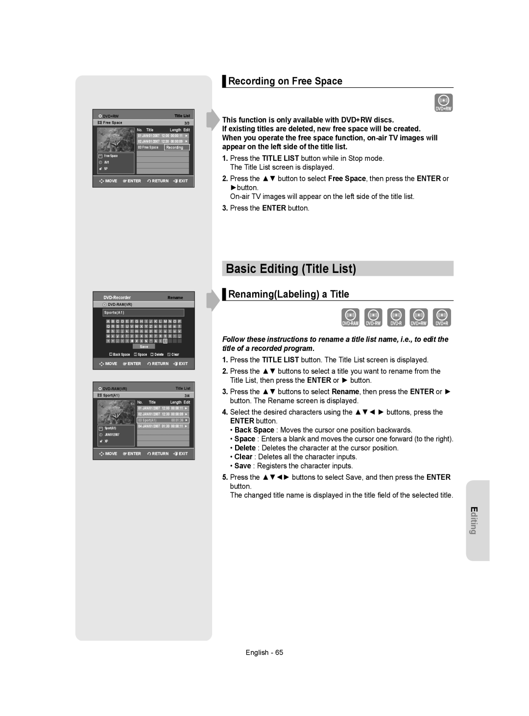 Samsung DVD-VR357 instruction manual Basic Editing Title List, Recording on Free Space, RenamingLabeling a Title 