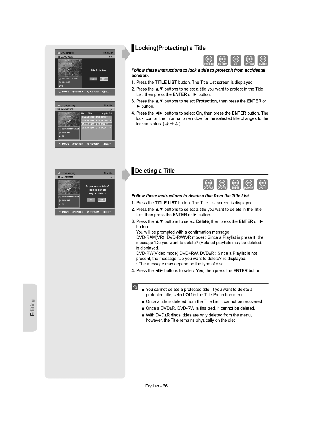 Samsung DVD-VR357 instruction manual LockingProtecting a Title, Deleting a Title, Locked status 