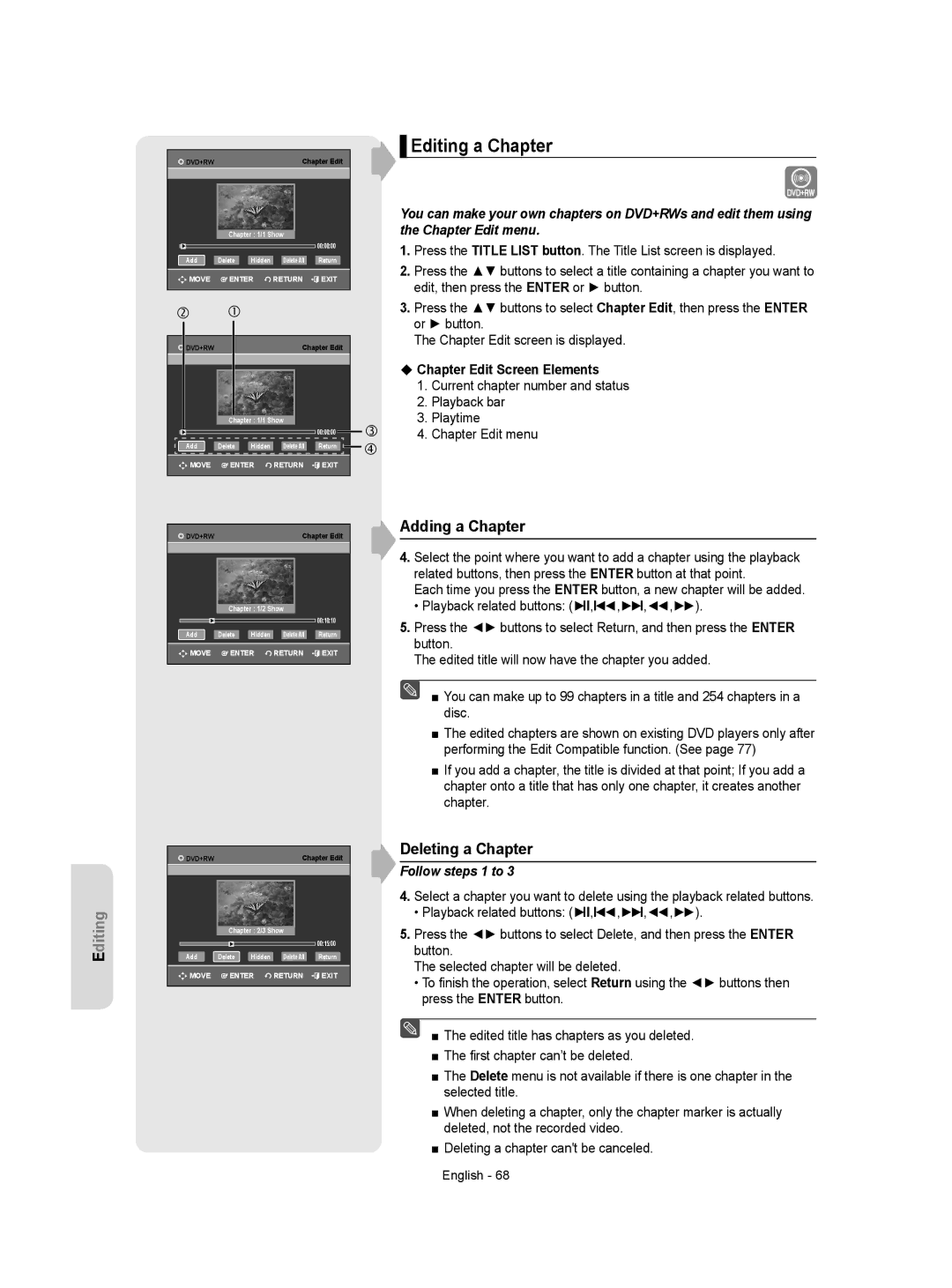 Samsung DVD-VR357 Editing a Chapter, Adding a Chapter, Deleting a Chapter, Chapter Edit Screen Elements, Follow steps 1 to 