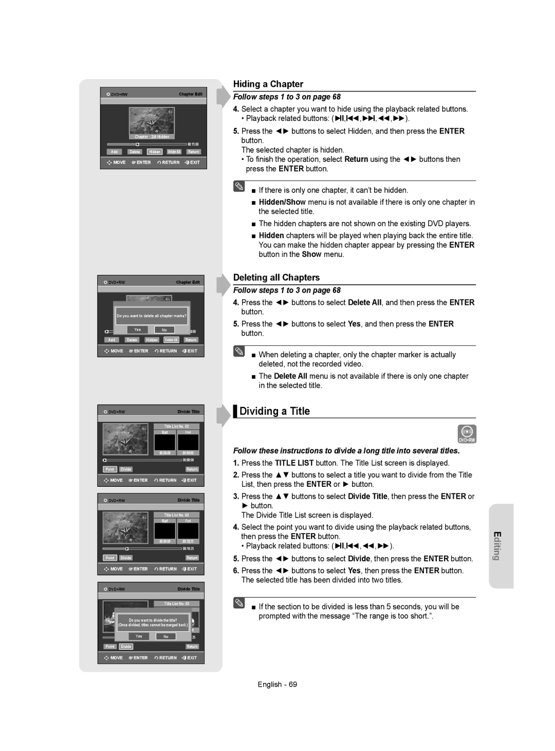 Samsung DVD-VR357 instruction manual Dividing a Title, Hiding a Chapter, Deleting all Chapters, Follow steps 1 to 3 on 