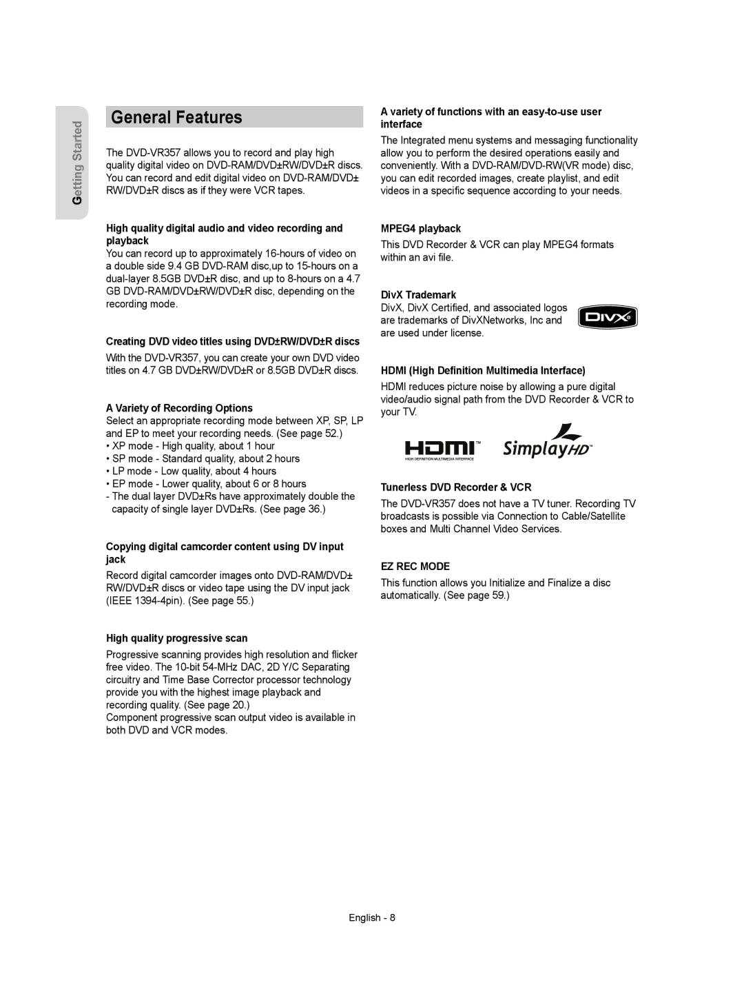 Samsung DVD-VR357 instruction manual General Features 