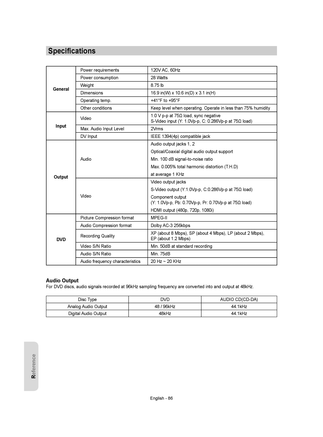 Samsung DVD-VR357 instruction manual Speciﬁcations, Audio Output, Mpeg-Ii, DVD Audio CDCD-DA 