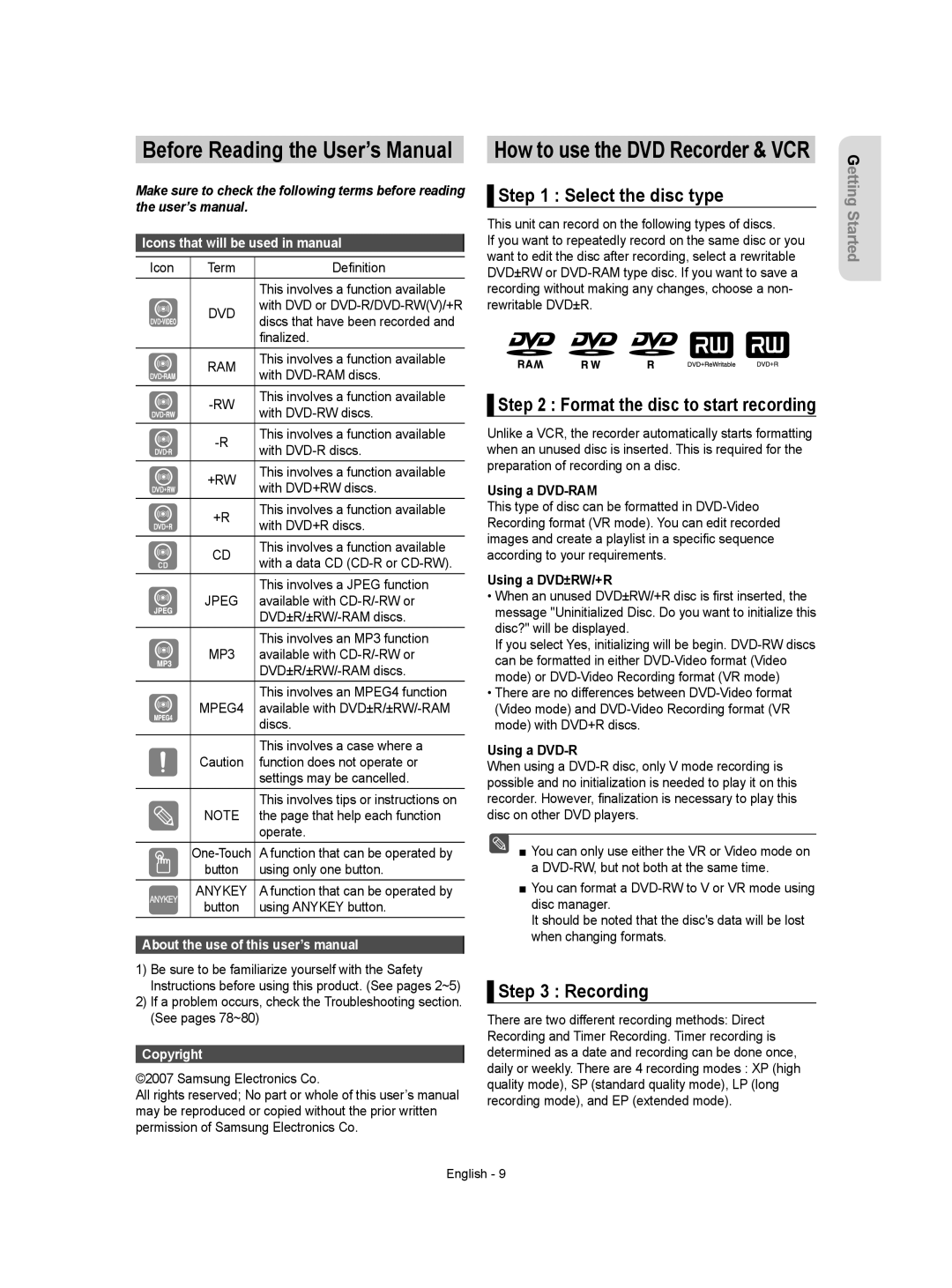 Samsung DVD-VR357 instruction manual Select the disc type, Recording, Using a DVD-RAM, Using a DVD±RW/+R 