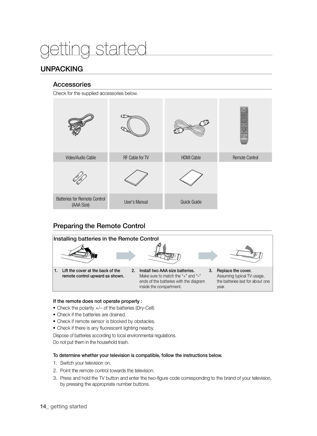 Samsung DVD-VR370, DVD-VR375A user manual UnPaCKing, Accessories, Preparing the remote Control 