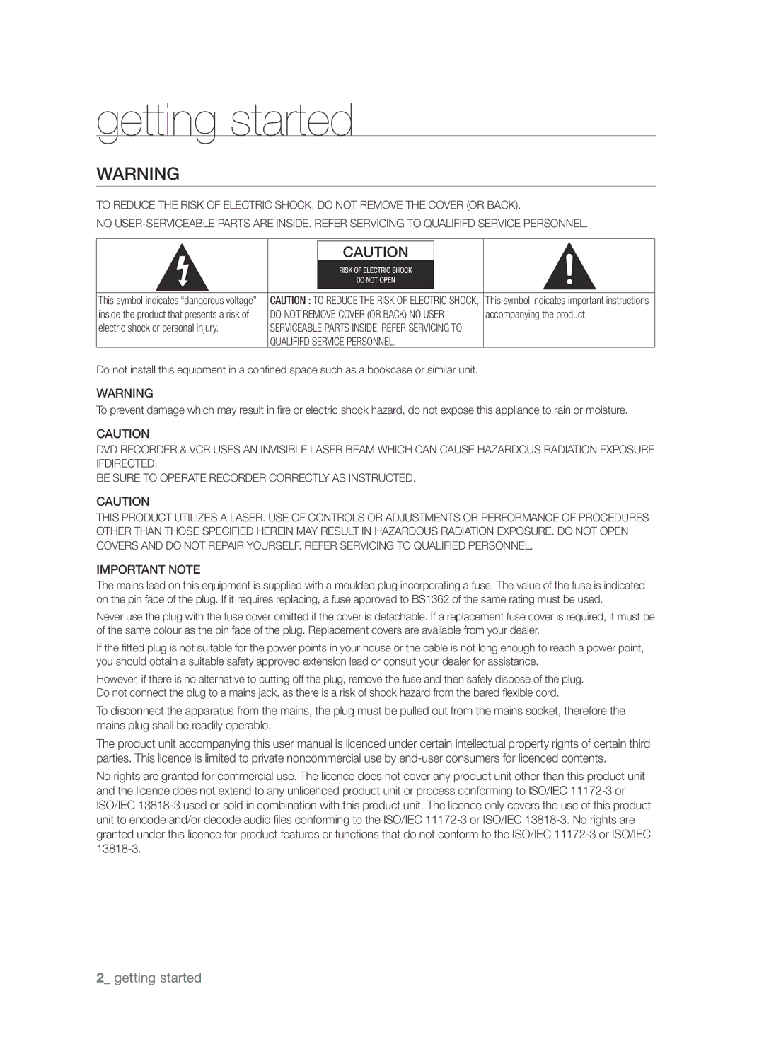 Samsung DVD-VR370, DVD-VR375A user manual Getting started, Important Note 