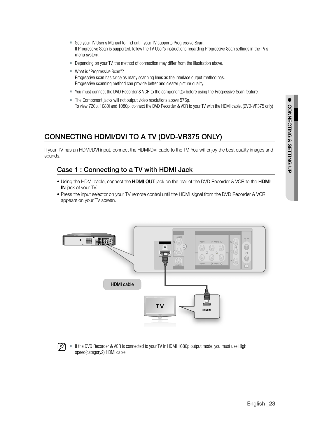 Samsung DVD-VR375A, DVD-VR370 COnnECTing HDMi/DVi to a TV DVD-Vr375 OnLY, Case 1 Connecting to a TV with HDMi Jack 