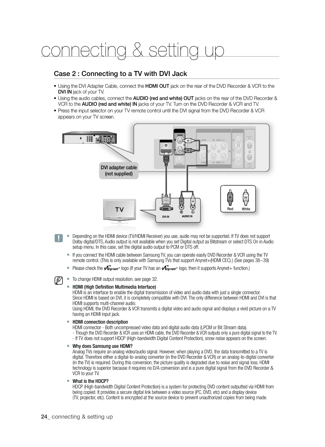 Samsung DVD-VR370, DVD-VR375A Case 2 Connecting to a TV with DVi Jack, ` Why does Samsung use HDMI?, ` What is the HDCP? 