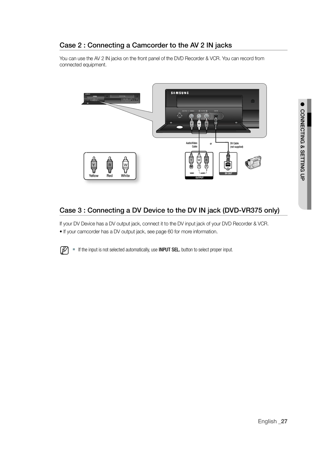 Samsung DVD-VR375A, DVD-VR370 user manual Case 2 Connecting a Camcorder to the aV 2 in jacks 