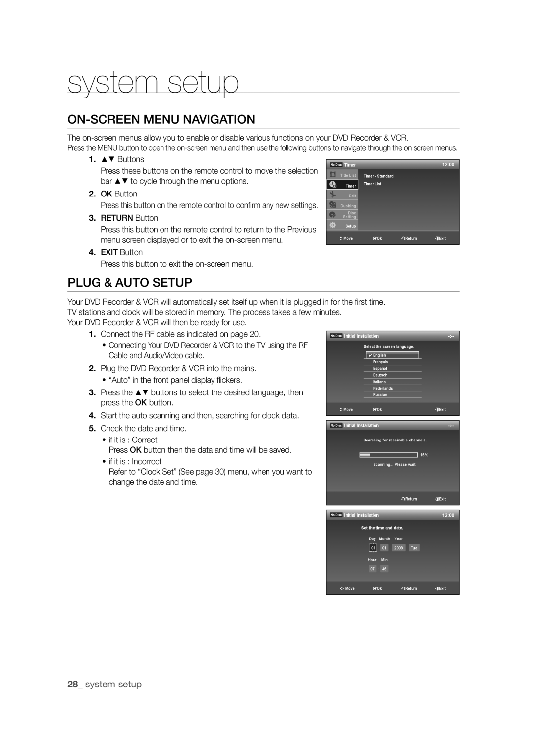 Samsung DVD-VR370 On-Screen Menu Navigation, . Exit Button Press this button to exit the on-screen menu, Timer 1200 