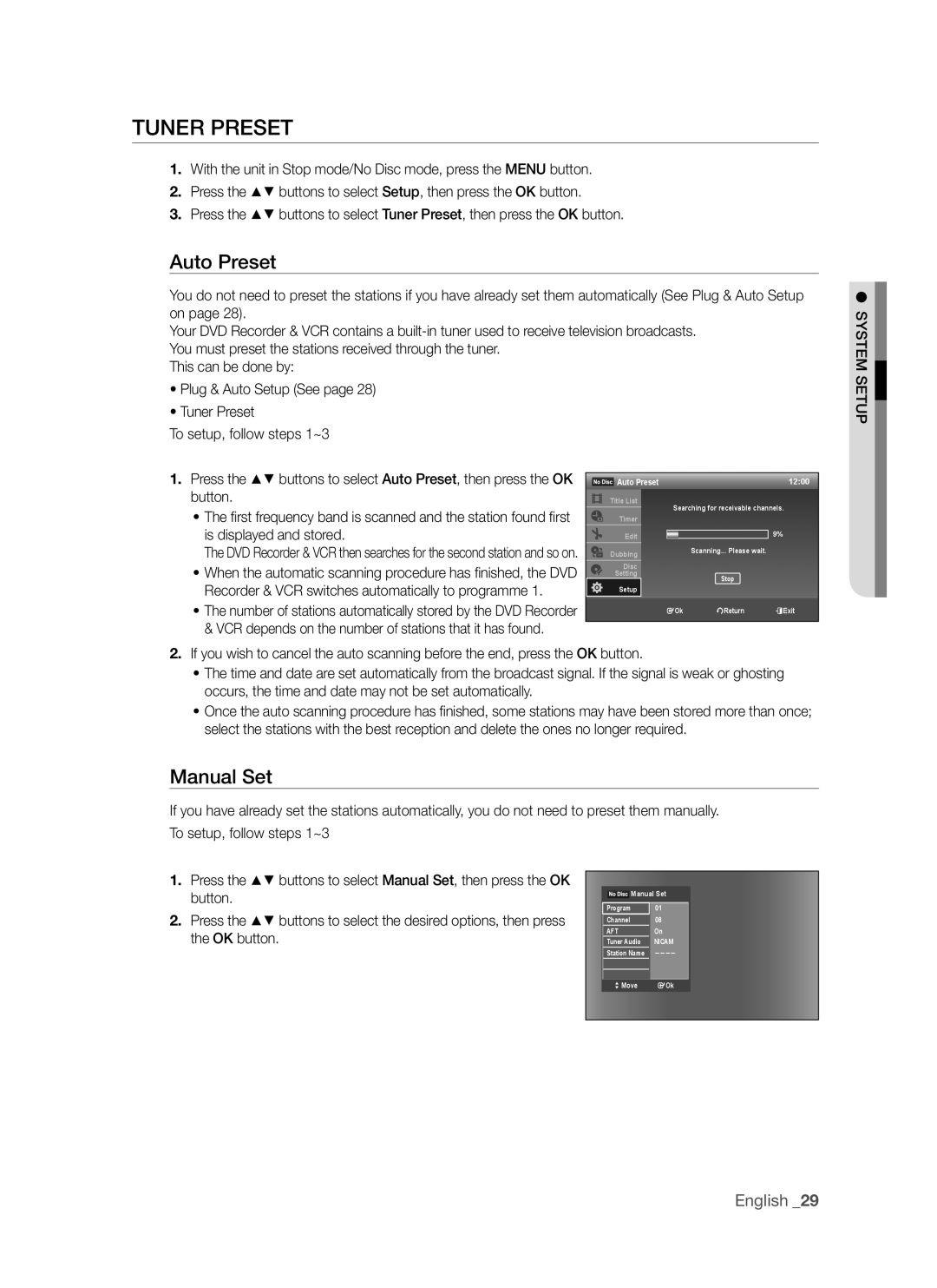 Samsung DVD-VR375A, DVD-VR370 user manual Auto Preset, Manual Set, Button, Is displayed and stored, OK button 