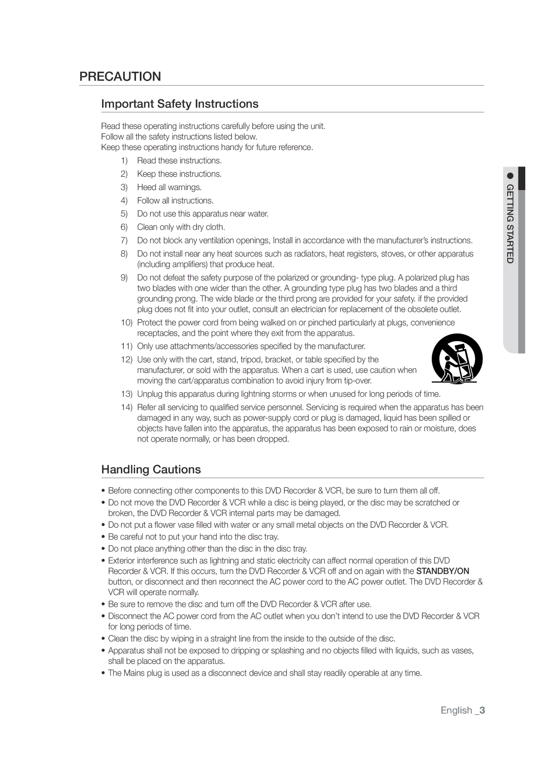 Samsung DVD-VR375A, DVD-VR370 user manual Important Safety Instructions, Handling Cautions 