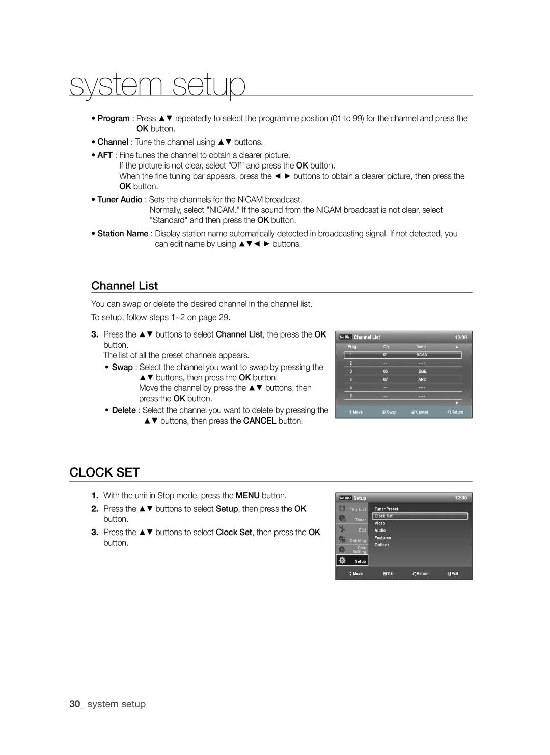 Samsung DVD-VR370, DVD-VR375A user manual Clock Set, Channel List, Setup 1200 