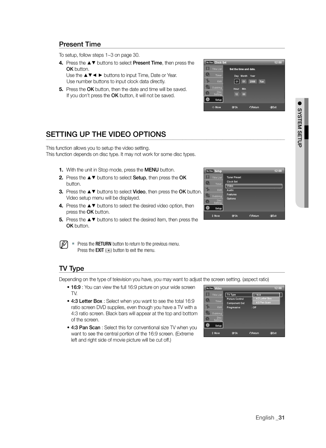 Samsung DVD-VR375A, DVD-VR370 user manual Setting up the Video Options, Present Time, TV Type 