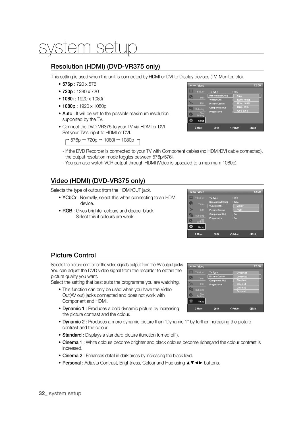 Samsung DVD-VR370, DVD-VR375A user manual Resolution Hdmi DVD-VR375 only, Video Hdmi DVD-VR375 only, Picture Control 