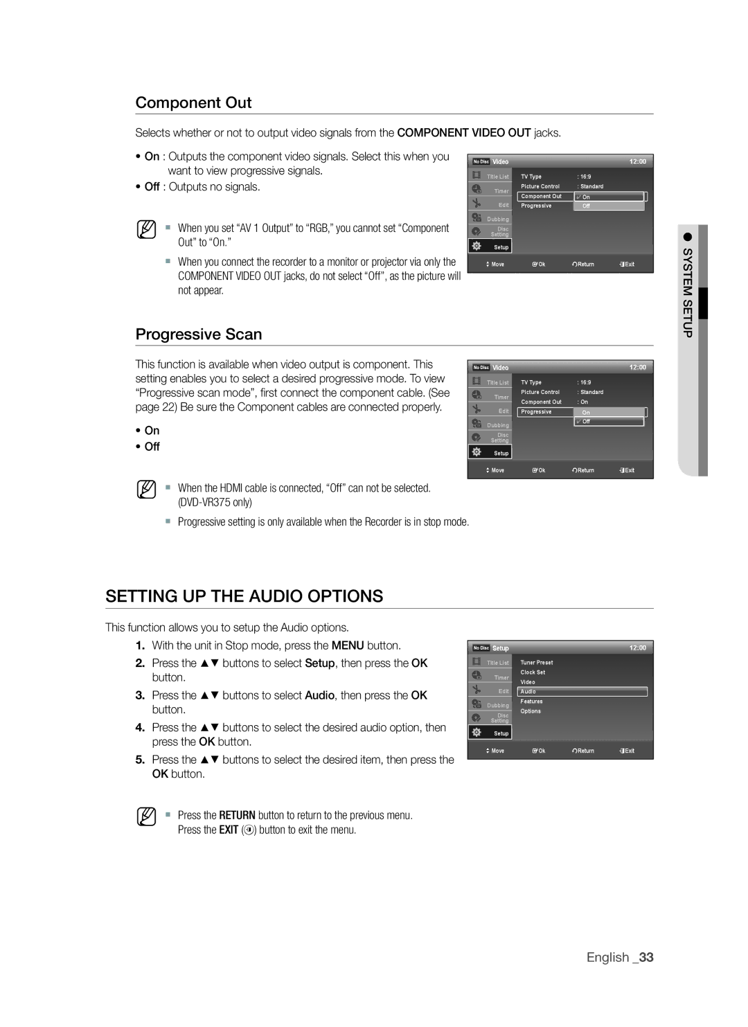 Samsung DVD-VR375A, DVD-VR370 user manual Setting up the Audio Options 