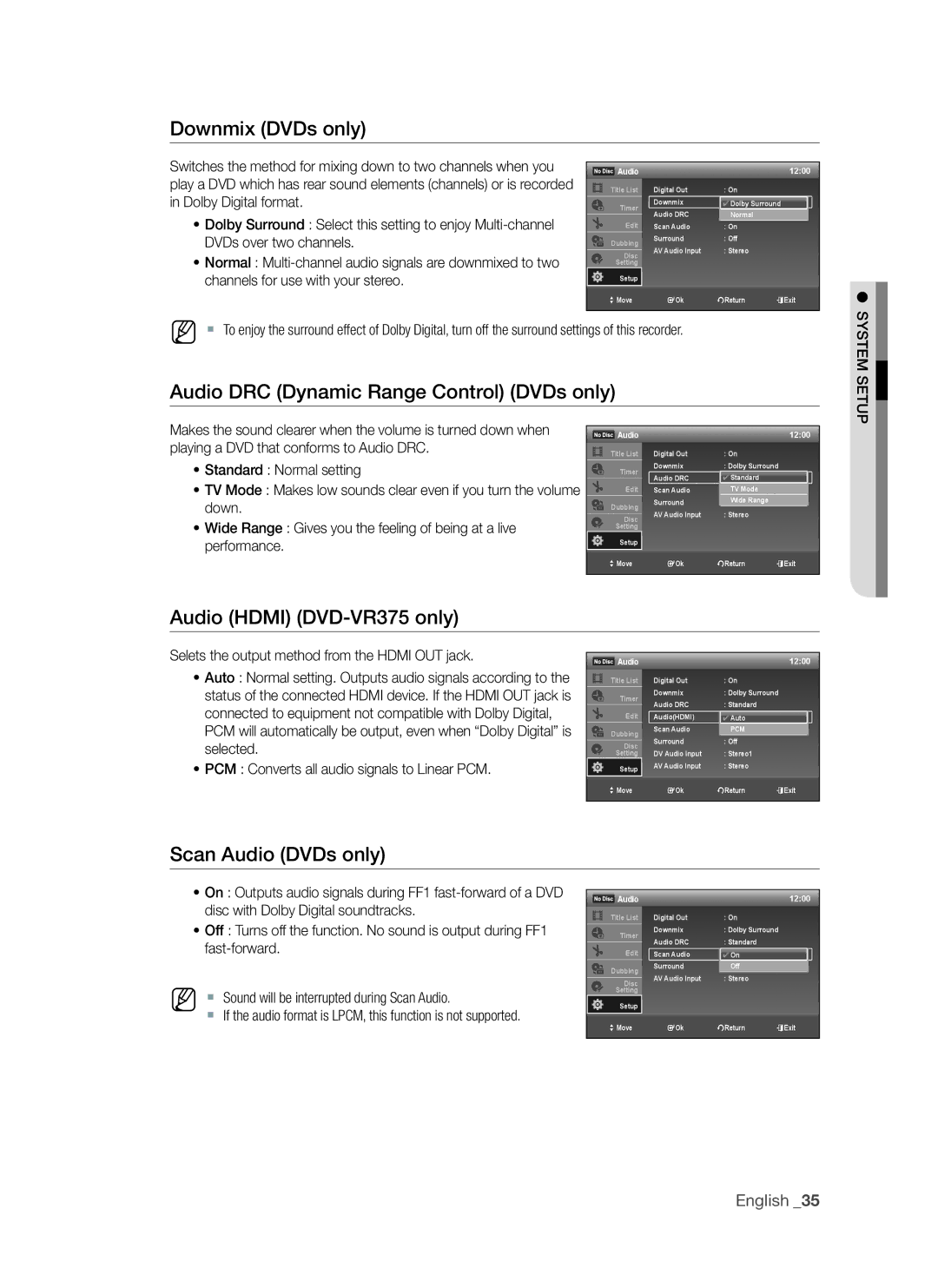 Samsung DVD-VR375A, DVD-VR370 user manual Audio DRC Dynamic Range Control DVDs only, ~ Standard Normal setting 