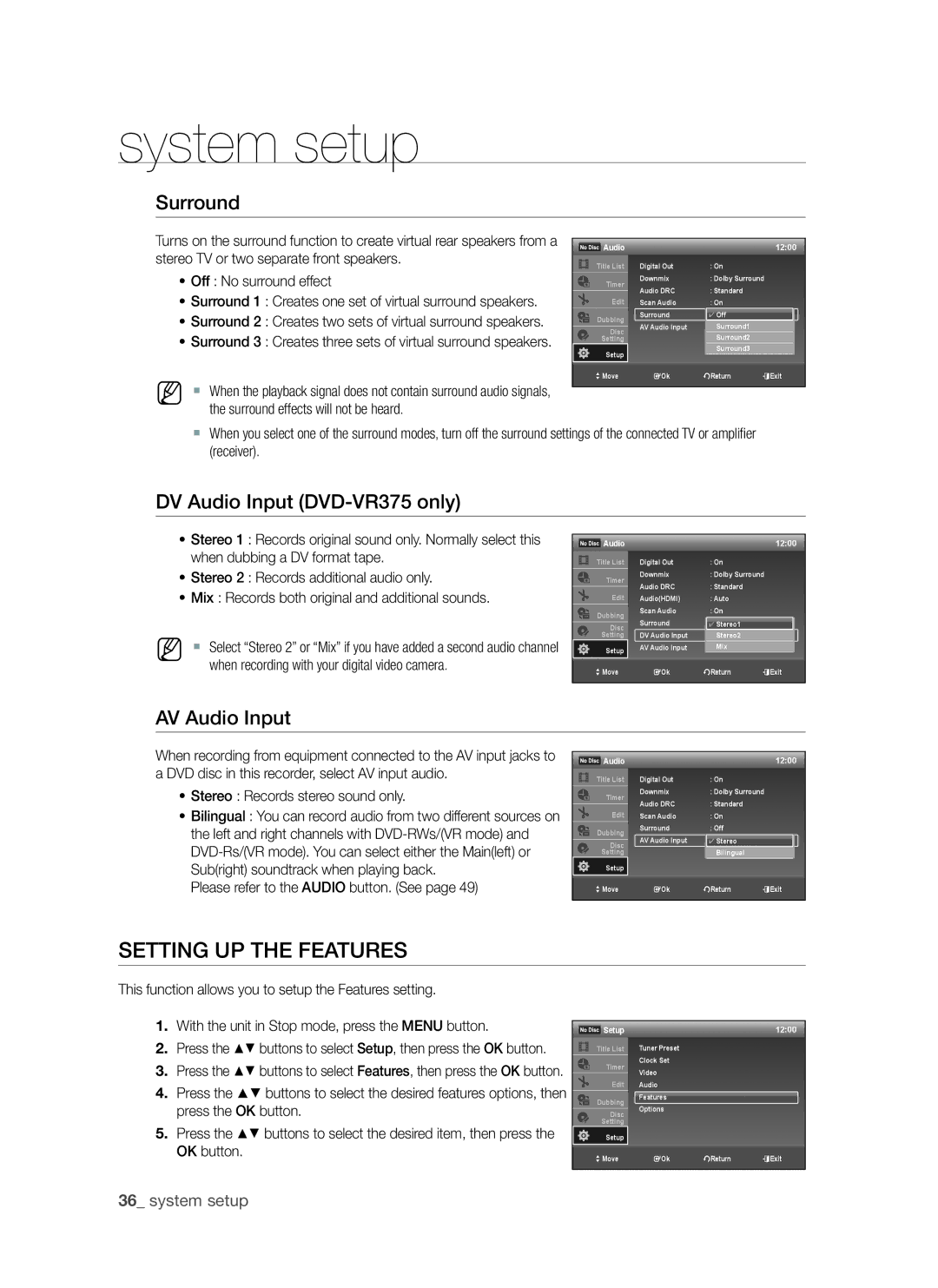 Samsung DVD-VR370, DVD-VR375A user manual Setting up the Features, Surround, DV Audio Input DVD-VR375 only, AV Audio Input 