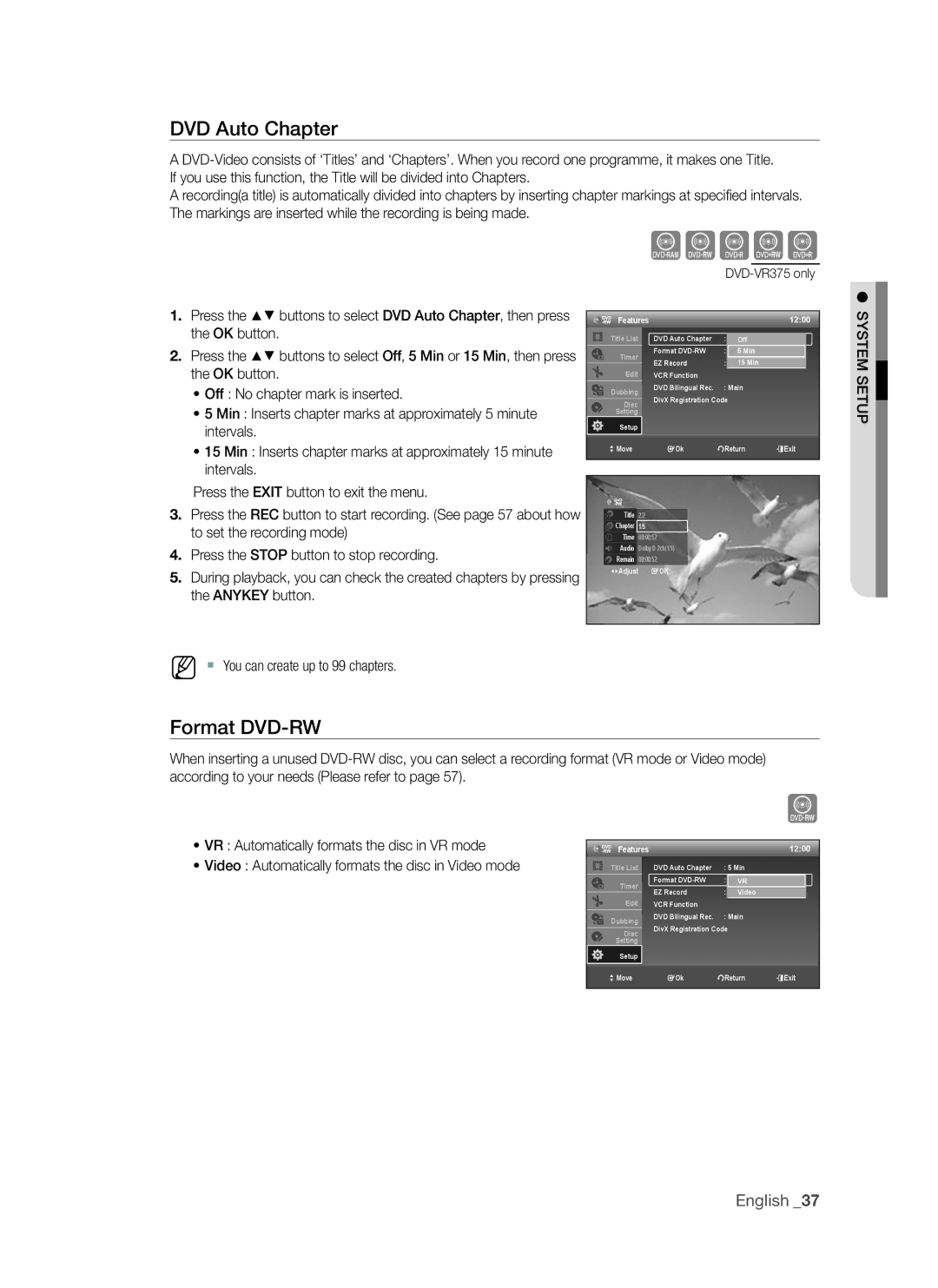 Samsung DVD-VR375A, DVD-VR370 user manual DVD auto Chapter, Format DVD-rW, ` You can create up to 99 chapters, Features 1200 