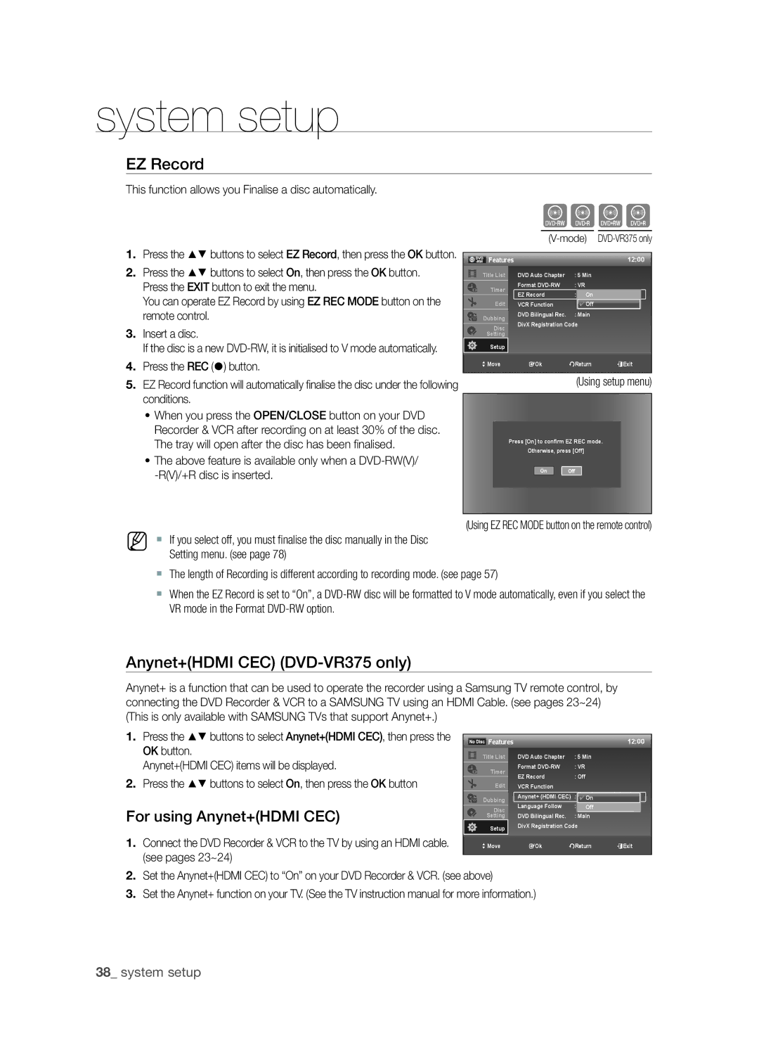 Samsung DVD-VR370, DVD-VR375A user manual EZ Record, Anynet+HDMI CEC DVD-VR375 only, For using Anynet+HDMI CEC 