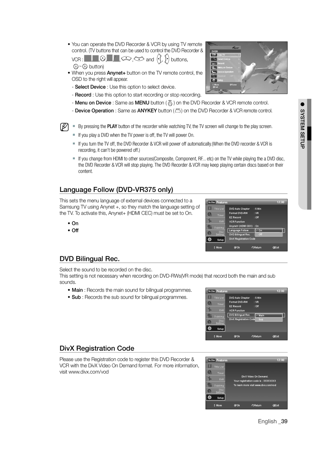 Samsung DVD-VR375A, DVD-VR370 user manual Language Follow DVD-Vr375 only, DVD Bilingual rec, DivX registration Code, buttons 