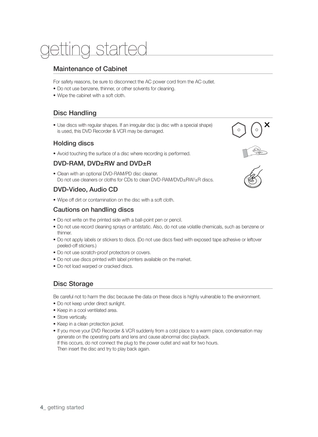 Samsung DVD-VR370, DVD-VR375A user manual Maintenance of Cabinet, Disc Handling, Disc Storage 