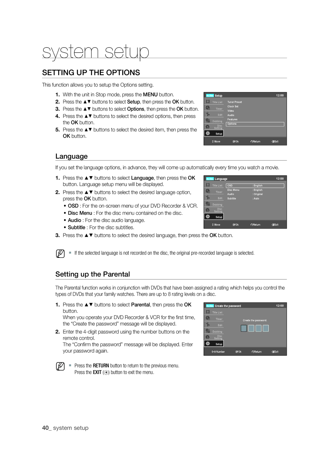 Samsung DVD-VR370, DVD-VR375A user manual Setting up the Options, Setting up the Parental, Language 1200 