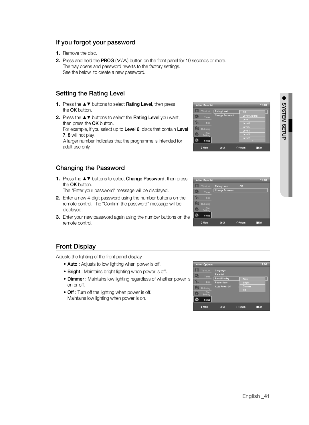 Samsung DVD-VR375A, DVD-VR370 user manual Front Display, If you forgot your password, Changing the Password 