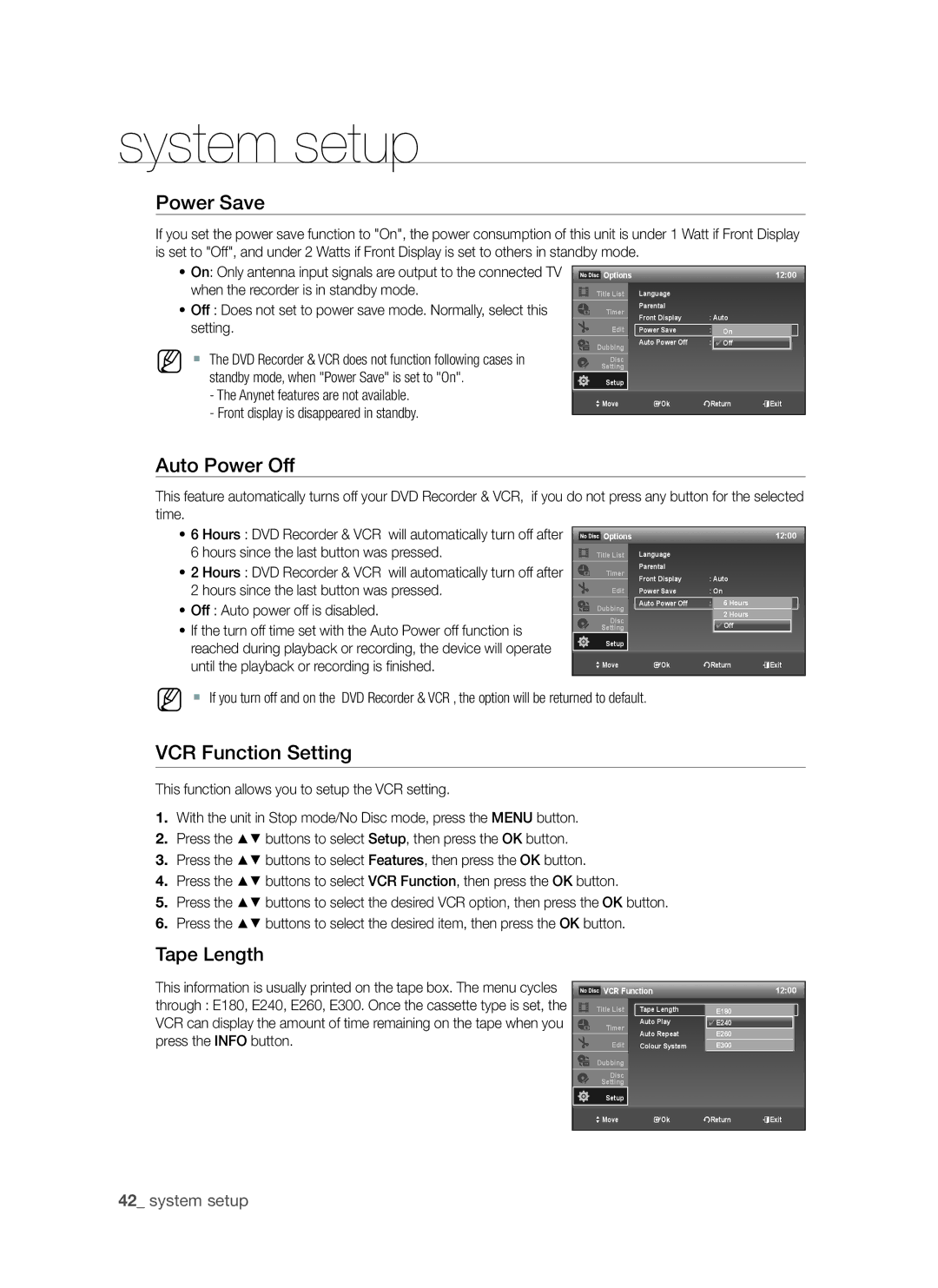 Samsung DVD-VR370, DVD-VR375A user manual Power Save, Auto Power Off, VCR Function Setting, Tape Length 