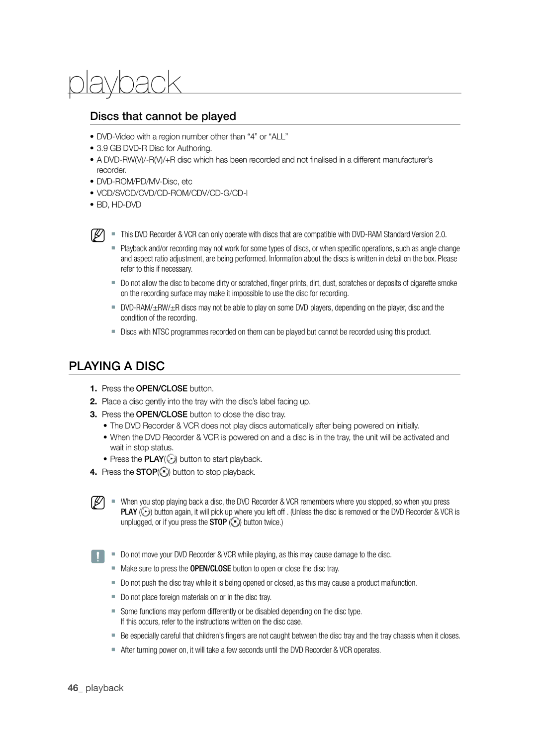 Samsung DVD-VR370 user manual Playing a Disc, Discs that cannot be played, ~ Vcd/Svcd/Cvd/Cd-Rom/Cdv/Cd-G/Cd-I ~ Bd, Hd-Dvd 