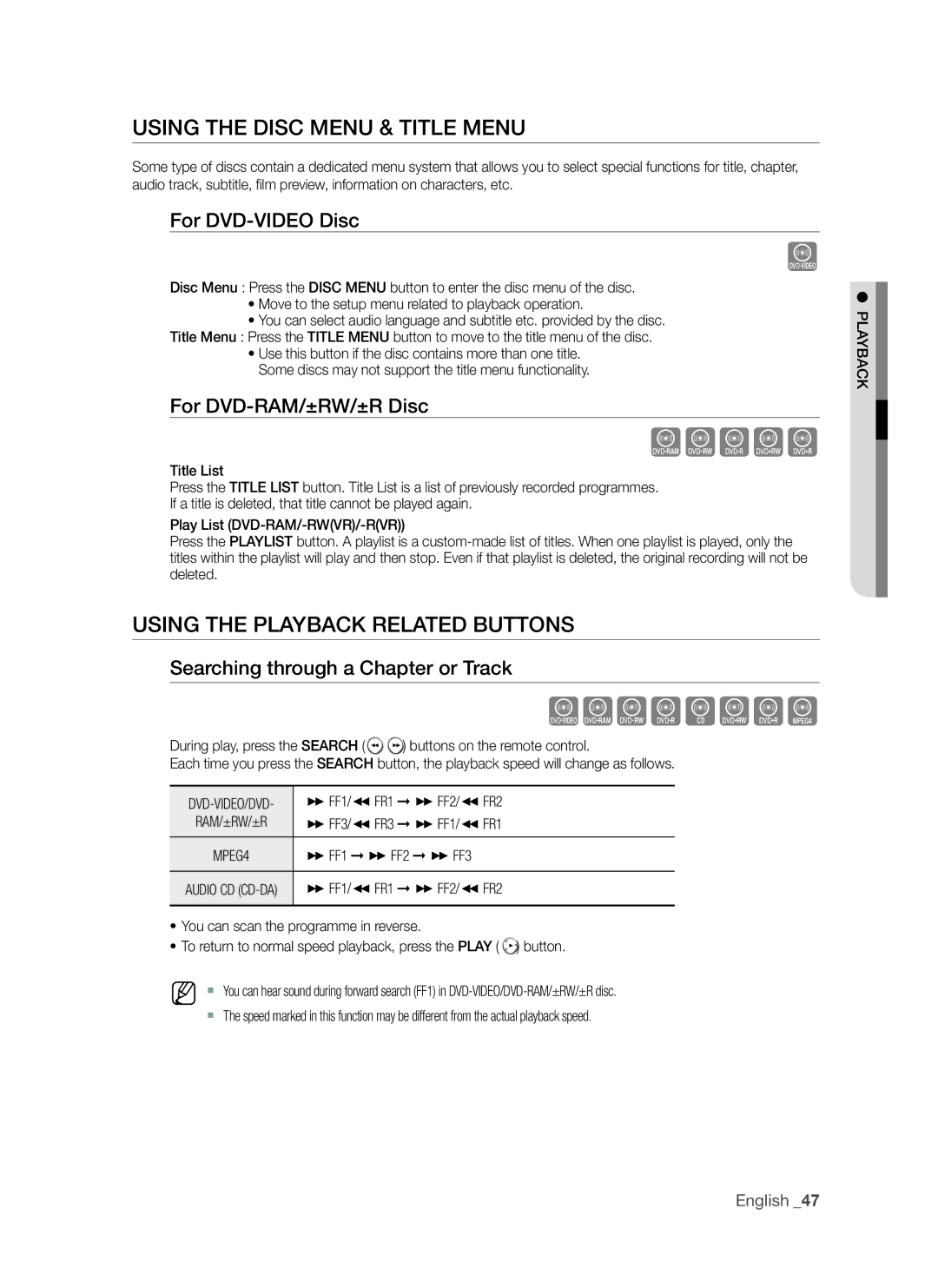 Samsung DVD-VR375A, DVD-VR370 Using the Disc Menu & Title Menu, Using the playback related buttons, For DVD-VIDEO Disc 