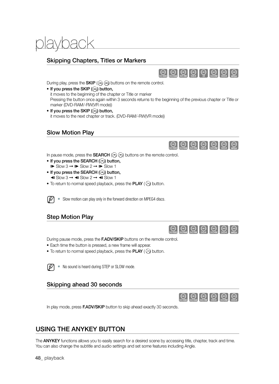 Samsung DVD-VR370 Using the Anykey button, Skipping Chapters, Titles or Markers, Slow Motion Play, Step Motion Play 