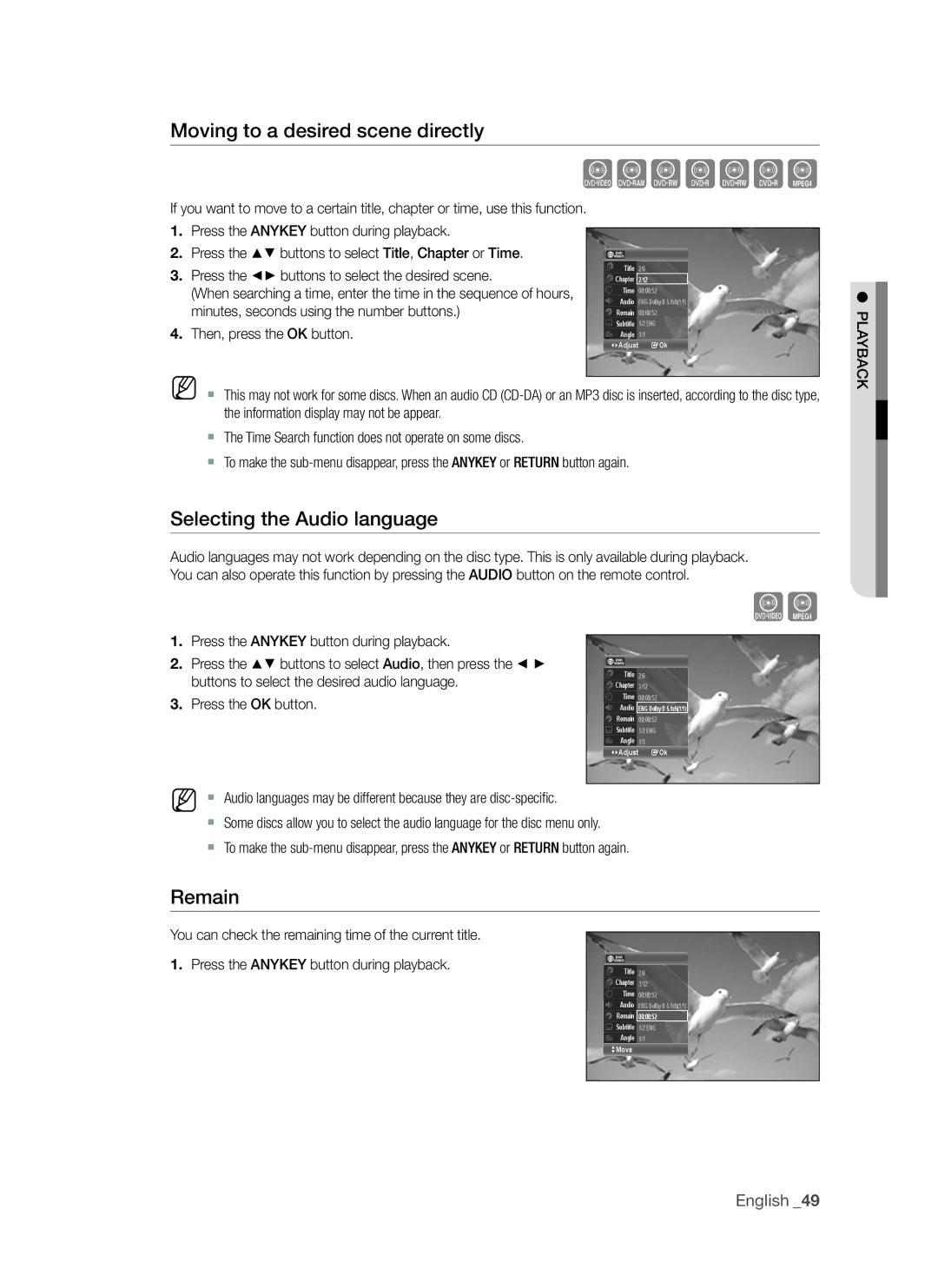 Samsung DVD-VR375A, DVD-VR370 user manual Moving to a desired scene directly, Selecting the audio language, Remain 