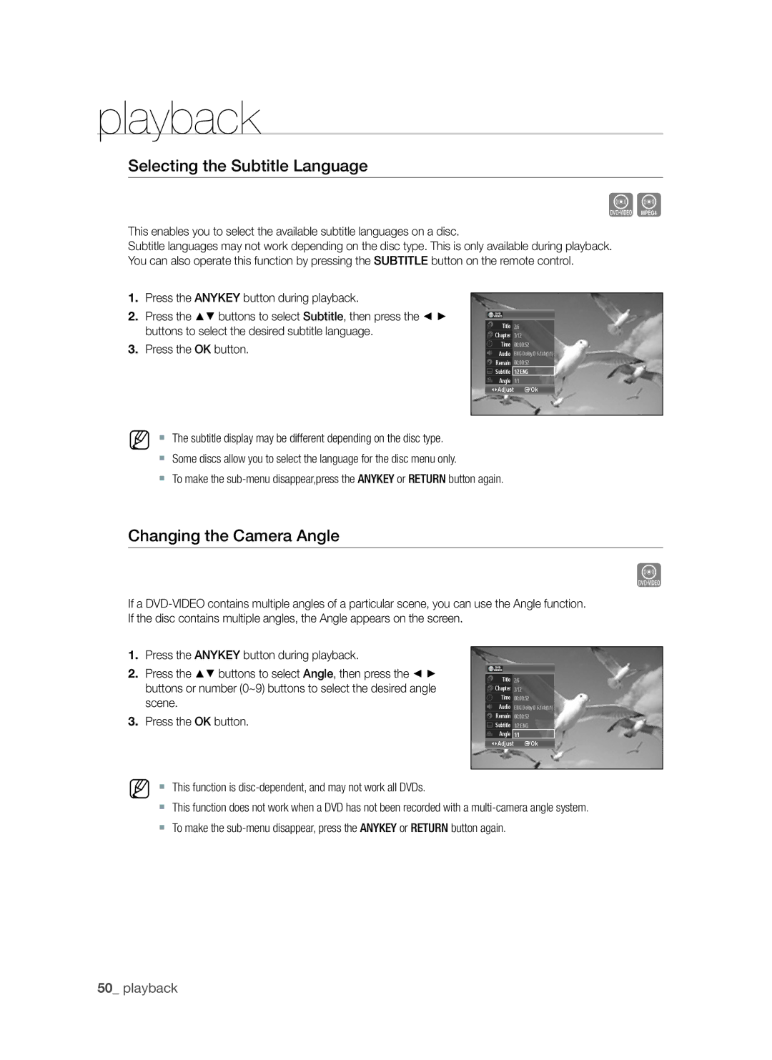 Samsung DVD-VR370, DVD-VR375A user manual Selecting the Subtitle Language, Changing the Camera angle 