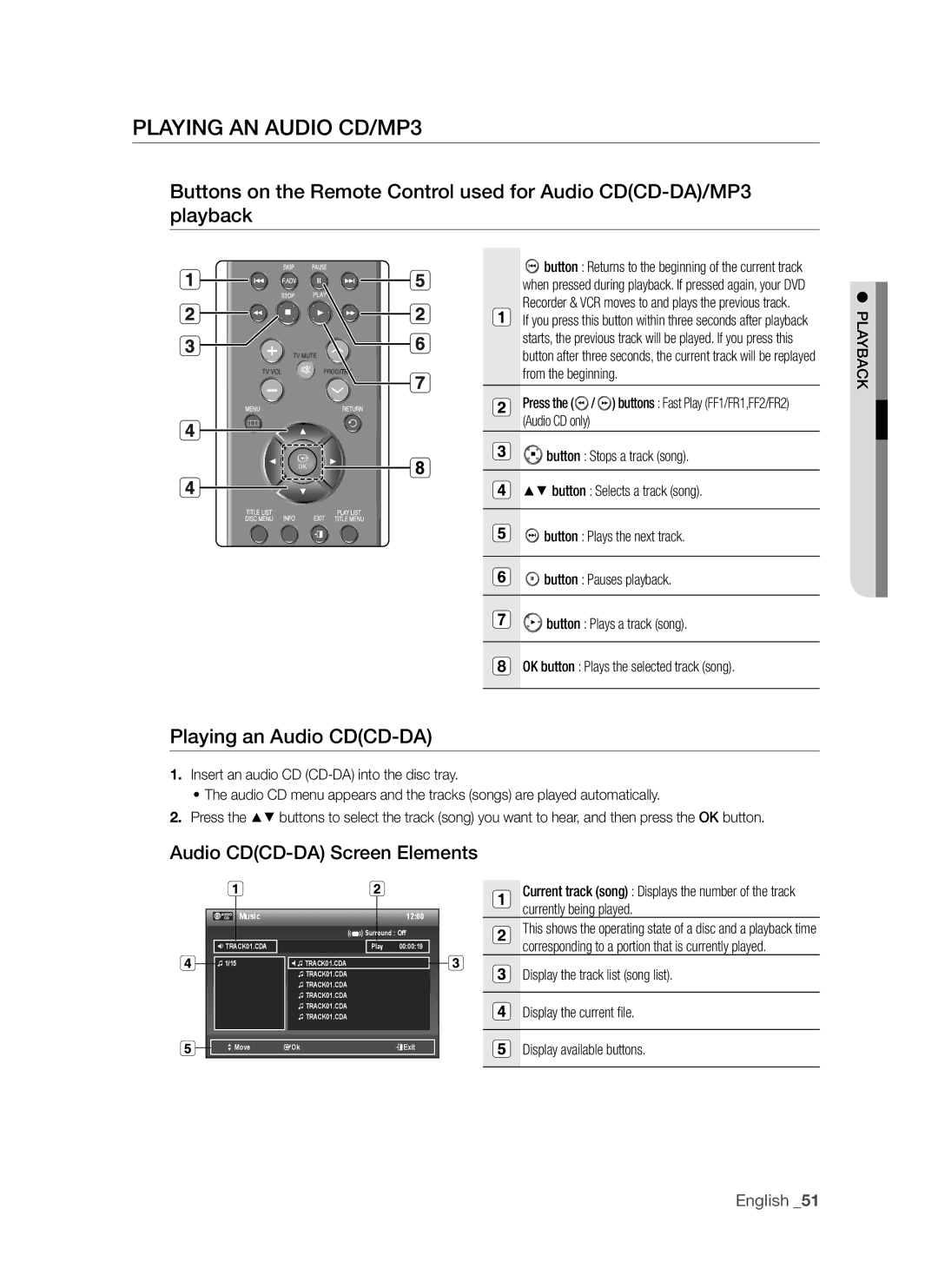 Samsung DVD-VR375A, DVD-VR370 Playing an Audio CD/MP3, Playing an Audio CDCD-DA, Audio CDCD-DA Screen Elements, Music 1200 