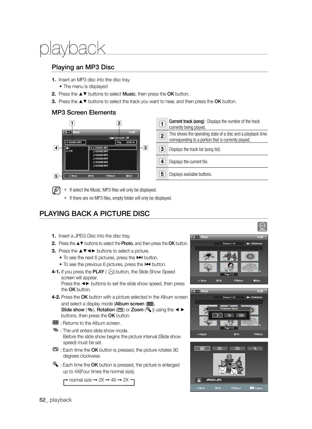 Samsung DVD-VR370, DVD-VR375A user manual Playing back a Picture Disc, Playing an MP3 Disc, MP3 Screen Elements, Photo 1200 