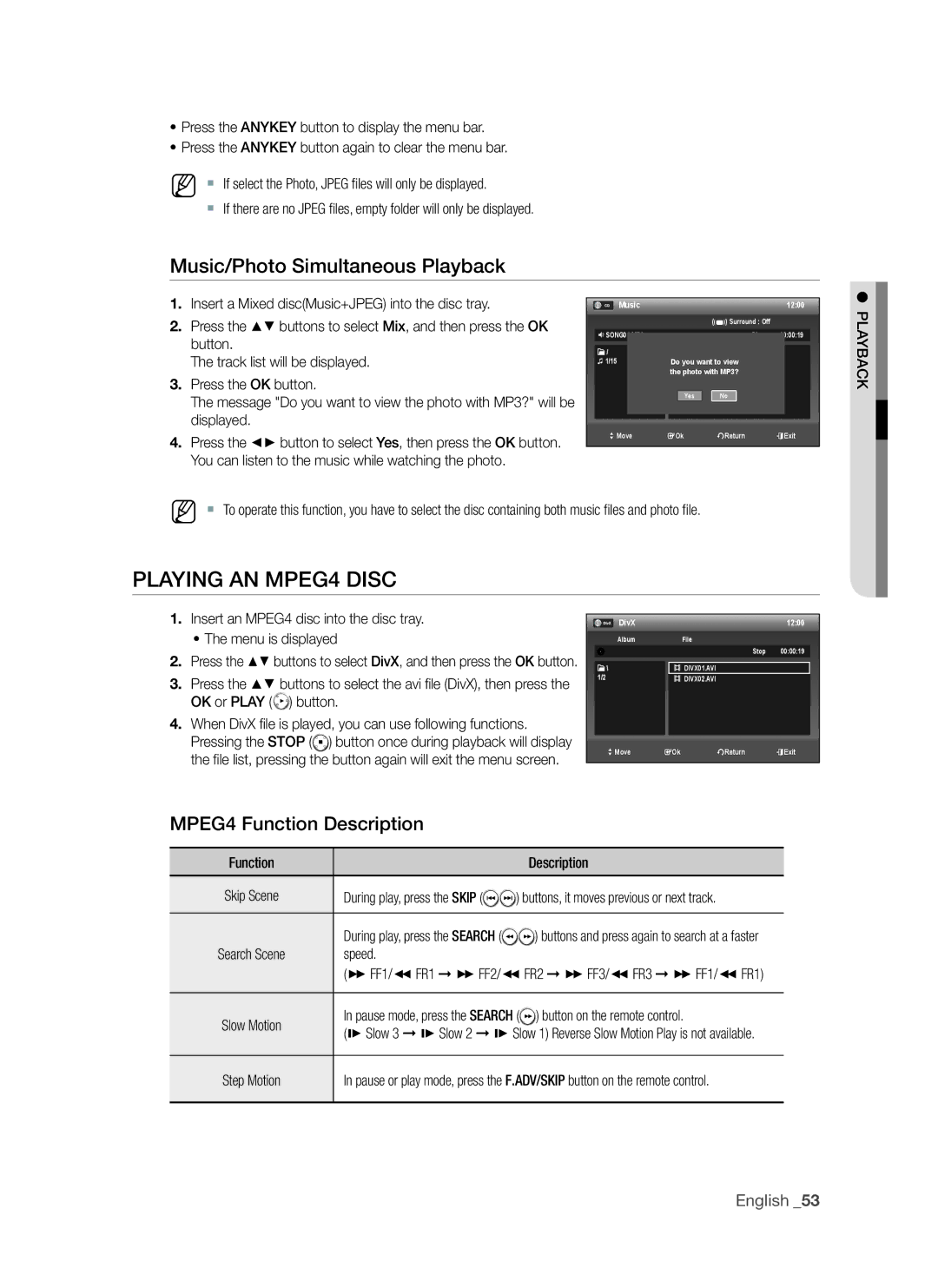 Samsung DVD-VR375A, DVD-VR370 Playing an MPEG4 Disc, Music/Photo Simultaneous Playback, MPEG4 Function Description 