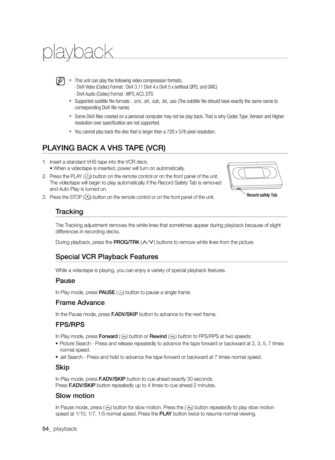 Samsung DVD-VR370, DVD-VR375A user manual Playing back a VHS Tape VCR, Tracking, Special VCR Playback Features 