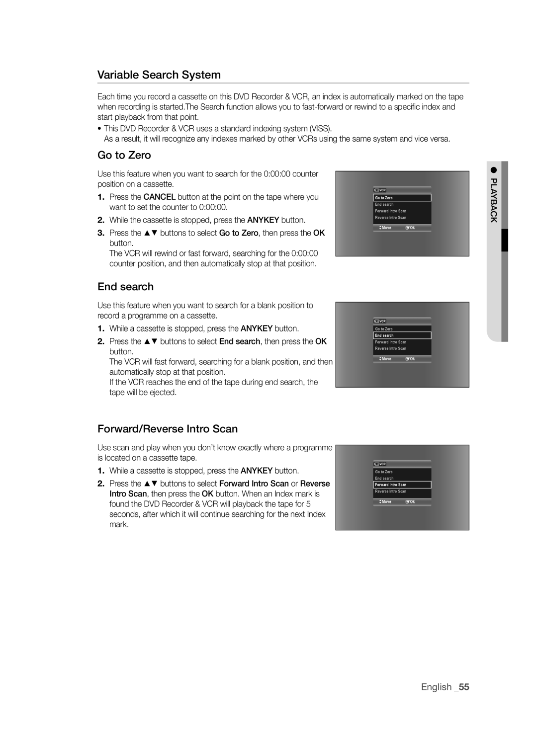 Samsung DVD-VR375A, DVD-VR370 user manual Variable Search System, Go to Zero, End search, Forward/Reverse Intro Scan 