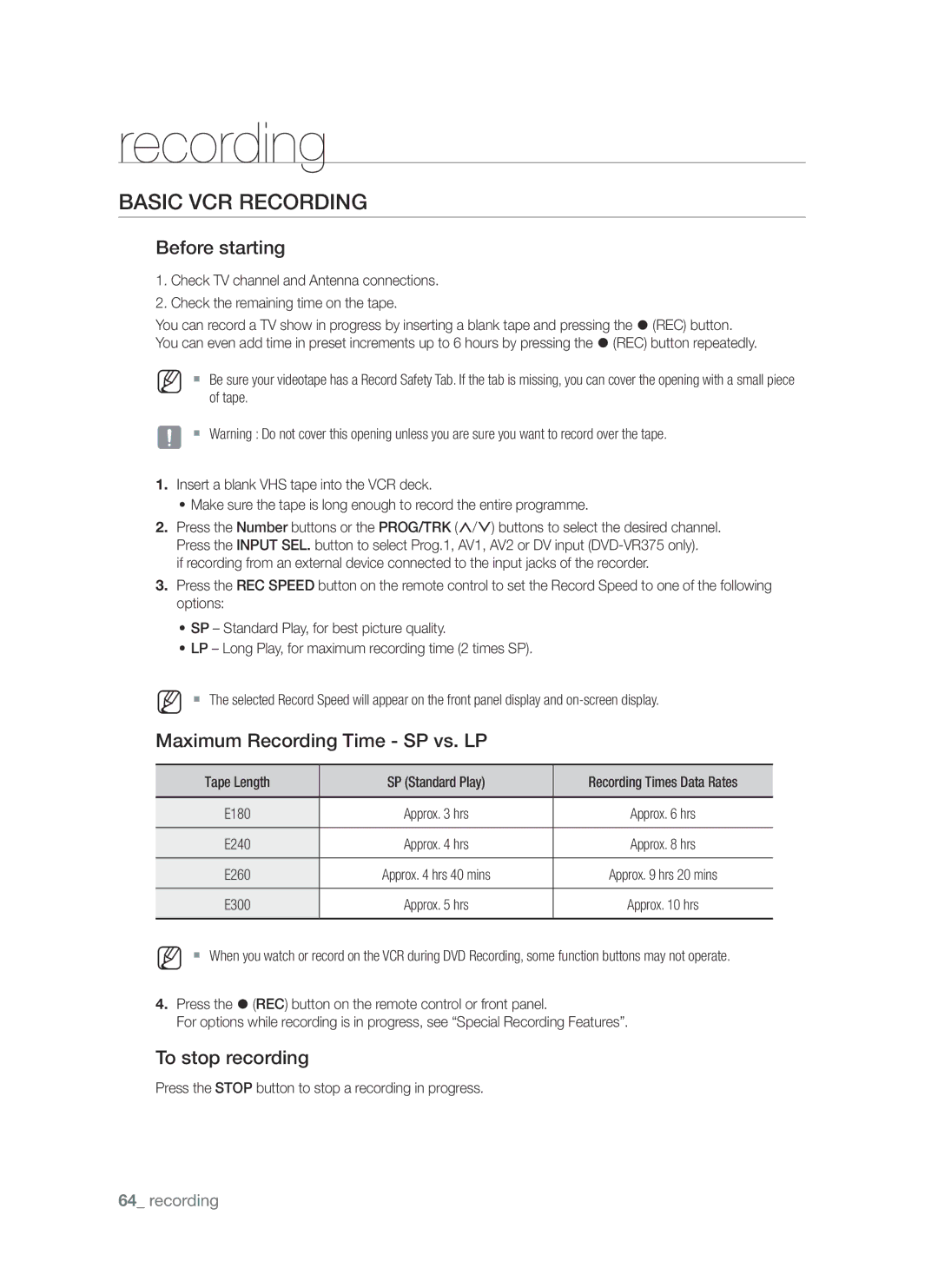 Samsung DVD-VR370, DVD-VR375A user manual Basic VCR Recording, Before starting, Maximum Recording Time SP vs. LP 